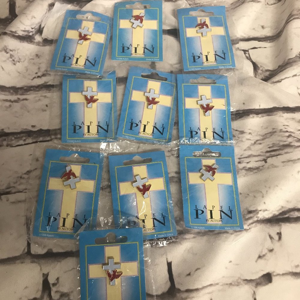 LOT of 10 Lapel pin pins by Autom blue cross red dove Catholic